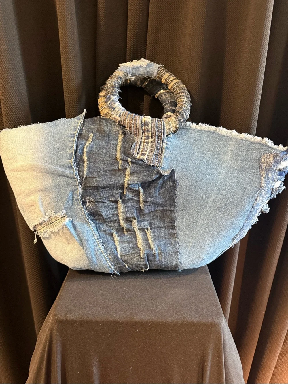 Recycled Denim Tote Bag with Circular Handle - Light & Dark Blue